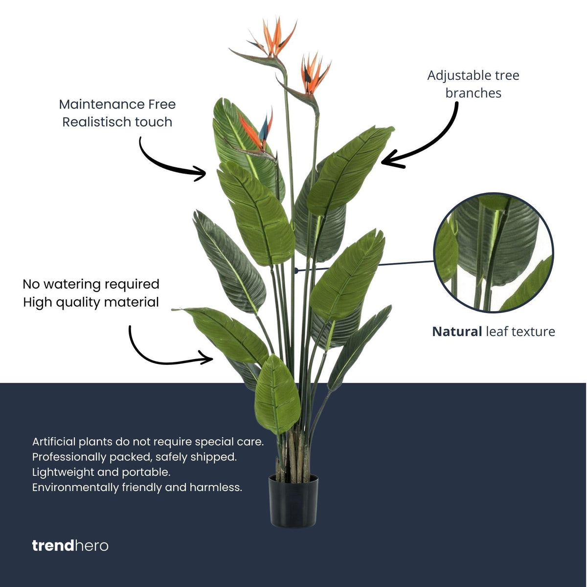 Strelitzia met bloemen - 120cm - In zwarte pot - Kunstplant - ARTIFICIAL